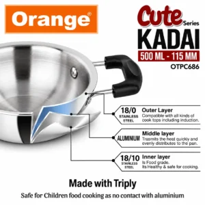 Orange Triply Stainless Steel Cute Series Mini Kadai 500ml Gas & Induction Compatible - Image 6