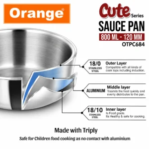 Orange Triply Stainless Steel Cute Series Sauce Pan 800ml Gas & Induction Compatible - Image 7