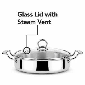 Orange Triply Stainless Steel Fry Pan Kadai with Glass Lid & Handles Gas & Induction Compatible - Image 3