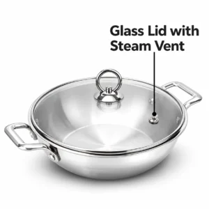 Orange Triply Stainless Steel Deep Kadai 2.5mm with Glass Lid | Cool Touch Handles | Gas & Induction - Image 6