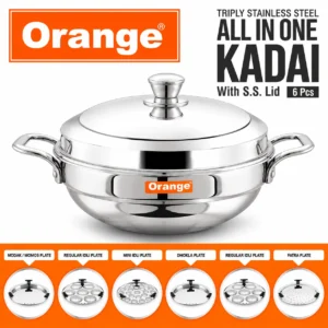 Orange Triply Stainless Steel Multi Kadai 4.5L with 6 Plates & SS Lid | Idli, Dhokla, Momo Steamer | Gas & Induction - Image 3