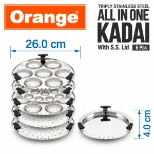 Orange Triply Stainless Steel Multi Kadai 4.5L with 6 Plates & SS Lid | Idli, Dhokla, Momo Steamer | Gas & Induction - Image 5