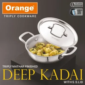 Orange Triply Stainless Steel Mathar Deep Kadai with SS Lid ? 2L, 2.5L, 3L, 3.5L & 4.5L | Gas & Induction Friendly