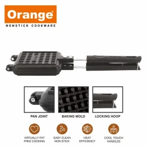 Orange Aluminium Die-Cast Series Non-Stick | Heavy Thickness Waffle Maker/Toast Sandwich Maker | With Cool Touch Handle | Free Nylon Tongs & Scrubber | Jumbo Bread | Non Electric Waffle/Sandwich Maker | Gas Stove Compatible | Black (Waffle Maker) - Image 3