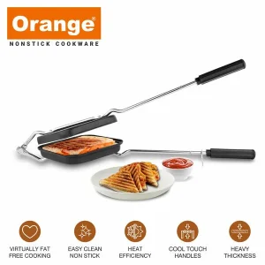 Orange Aluminium Grill Non-Stick Toast Sandwich Maker | Gas Stove Compatible Non-Electric Grill Toaster | Free Nylon Tongs & Scrubber (Black)