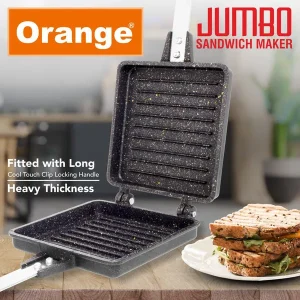 Orange Aluminium Die-Cast Non-Stick Jumbo Toast Sandwich Maker & Waffle Maker | Sturdy Handle | Gas Stove Compatible