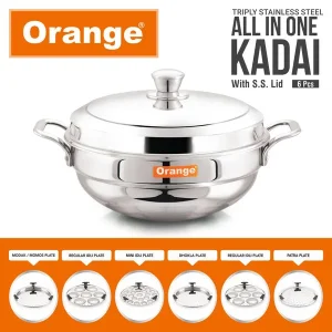Orange Triply Stainless Steel Multi Kadai with 6 Plates | Idli, Dhokla & Steaming Maker | Gas & Induction Compatible Multipurpose Cookware - Image 3