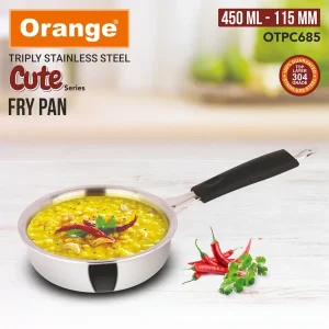 Orange Triply Stainless Steel Cute Series Mini Fry Pan 115mm (450ml) | Gas & Induction Compatible | Small Steel Toy Utensil Gift for Kids