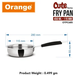Orange Triply Stainless Steel Cute Series Mini Fry Pan 115mm (450ml) | Gas & Induction Compatible | Small Steel Toy Utensil Gift for Kids - Image 3