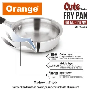 Orange Triply Stainless Steel Cute Series Mini Fry Pan 115mm (450ml) | Gas & Induction Compatible | Small Steel Toy Utensil Gift for Kids - Image 7