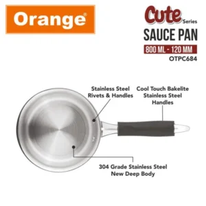 Orange Triply Stainless Steel Cute Series Sauce Pan 800ml Gas & Induction Compatible - Image 4