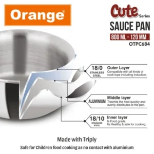 Orange Triply Stainless Steel Cute Series Sauce Pan 800ml Gas & Induction Compatible - Image 7