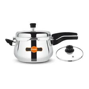 Orange Triply Stainless Steel Outer Lid Pressure Cooker Handi with Toughened Glass Lid | Gas & Induction Compatible | 1.5L, 2.5L, 3.5L, 5.5L