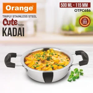 Orange Triply Stainless Steel Cute Series Mini Kadai 115mm (500ml) | Gas & Induction Compatible | Steel Toy Kitchen Utensil Gift for Kids