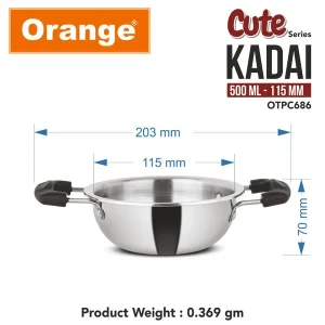 Orange Triply Stainless Steel Cute Series Mini Kadai 115mm (500ml) | Gas & Induction Compatible | Steel Toy Kitchen Utensil Gift for Kids - Image 3