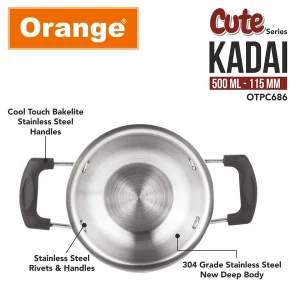 Orange Triply Stainless Steel Cute Series Mini Kadai 115mm (500ml) | Gas & Induction Compatible | Steel Toy Kitchen Utensil Gift for Kids - Image 4