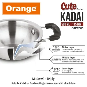 Orange Triply Stainless Steel Cute Series Mini Kadai 115mm (500ml) | Gas & Induction Compatible | Steel Toy Kitchen Utensil Gift for Kids - Image 6