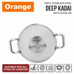 Orange Triply Stainless Steel Deep Kadai with Glass Lid | Gas & Induction Compatible Cooking Kadai (1.5L–6.5L) - Image 4
