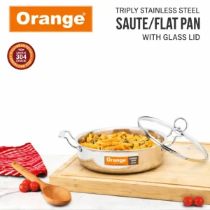 Orange Triply Stainless Steel Cook & Serve Fry Pan / Saute Pan / Kadai with Glass Lid & Handles | Gas & Induction Compatible (2L, 2.5L)