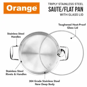 Orange Triply Stainless Steel Fry Pan Kadai with Glass Lid & Handles Gas & Induction Compatible - Image 3