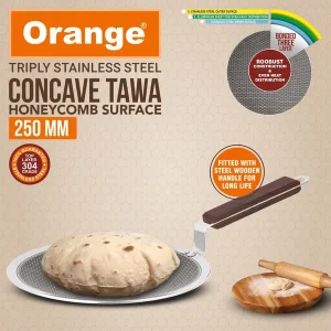 Orange Triply Stainless Steel Honeycomb Deep Concave Tawa 250mm | Gas & Induction Friendly | Roti & Chapati Tawa