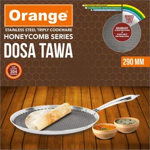 Orange Triply Stainless Steel Honeycomb Non-Stick Dosa Tawa / Uttapam Tawa 290mm | Gas & Induction Friendly