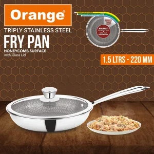 Orange Triply Stainless Steel Honeycomb Fry Pan with Glass Lid 1.5L | Gas & Induction Friendly