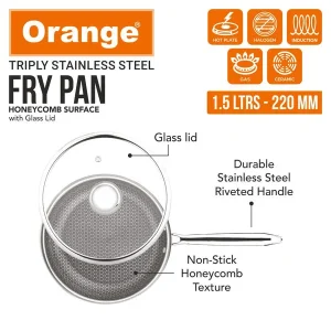 Orange Triply Stainless Steel Honeycomb Fry Pan with Glass Lid 1.5L | Gas & Induction Friendly - Image 3