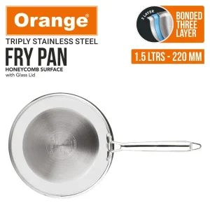 Orange Triply Stainless Steel Honeycomb Fry Pan with Glass Lid 1.5L | Gas & Induction Friendly - Image 4