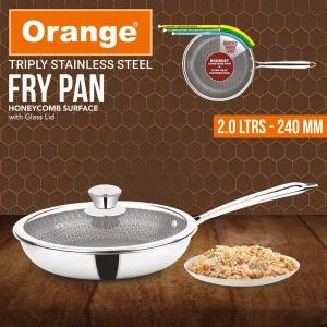 Orange Triply Stainless Steel Honeycomb Fry Pan with Glass Lid 2L | Gas & Induction Friendly