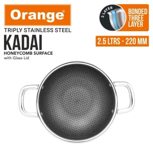 Orange Triply Stainless Steel Honeycomb Deep Kadai with Glass Lid | Metal Spoon Friendly | Gas & Induction Friendly (2L, 2.5L, 3.5L) - Image 4