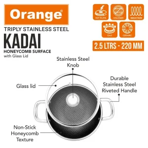 Orange Triply Stainless Steel Honeycomb Deep Kadai with Glass Lid | Metal Spoon Friendly | Gas & Induction Friendly (2L, 2.5L, 3.5L) - Image 5