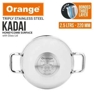 Orange Triply Stainless Steel Honeycomb Deep Kadai with Glass Lid | Metal Spoon Friendly | Gas & Induction Friendly (2L, 2.5L, 3.5L) - Image 6