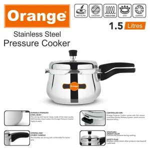 Orange Triply Stainless Steel Outer Lid Pressure Cooker Handi with Toughened Glass Lid | Gas & Induction Compatible | 1.5L, 2.5L, 3.5L, 5.5L - Image 3