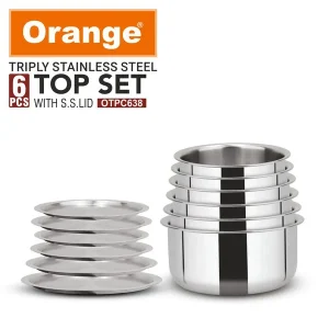 Orange Triply Stainless Steel Tope Set (6 Pieces) with Steel Lids | Gas & Induction Friendly (Sizes 140mm-160mm-180mm-200mm-220mm?240mm)