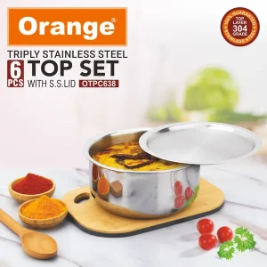 Orange Triply Stainless Steel Tope Set (6 Pieces) with Steel Lids | Gas & Induction Friendly (Sizes 140mm-160mm-180mm-200mm-220mm?240mm) - Image 4