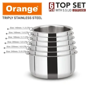 Orange Triply Stainless Steel Tope Set (6 Pieces) with Steel Lids | Gas & Induction Friendly (Sizes 140mm-160mm-180mm-200mm-220mm?240mm) - Image 6