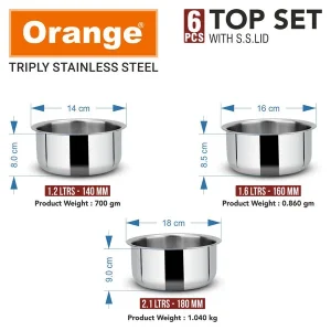 Orange Triply Stainless Steel Tope Set (6 Pieces) with Steel Lids | Gas & Induction Friendly (Sizes 140mm-160mm-180mm-200mm-220mm?240mm) - Image 7