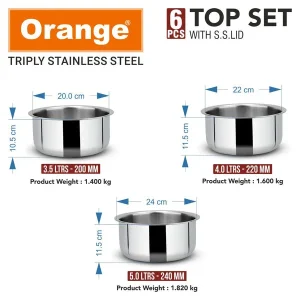 Orange Triply Stainless Steel Tope Set (6 Pieces) with Steel Lids | Gas & Induction Friendly (Sizes 140mm-160mm-180mm-200mm-220mm?240mm) - Image 8