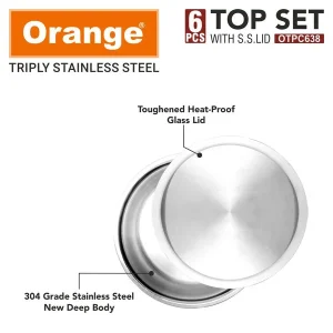 Orange Triply Stainless Steel Tope Set (6 Pieces) with Steel Lids | Gas & Induction Friendly (Sizes 140mm-160mm-180mm-200mm-220mm?240mm) - Image 9