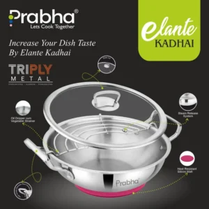 PRABHA Elante Triply Stainless Steel Kadhai with Glass Lid Oil Drainer & Silicone Mat - Image 3
