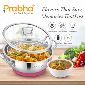 PRABHA Elante Triply Stainless Steel Kadhai with Glass Lid, Oil Drainer & Silicone Mat | 22–28cm | Gas & Induction Compatible
