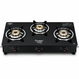 Prestige Magic Plus LP Gas Stove | Toughened Glass Top, Tri-Pin Brass Burners & Spill-Proof Design