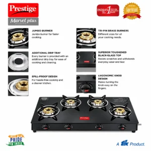 Prestige Marvel Plus 4 Burner Gas Stove | Toughened Glass Top, Jumbo Burners & Spill-Proof Design - Image 3