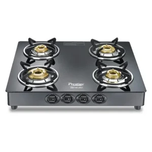Prestige Marvel Plus Square 4 Burner Gas Stove GTM 04 SQ Plus | Toughened Glass Top, Jumbo Burner, Manual Ignition