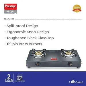 Prestige Magic Plus 2 Burner Gas Stove GTMP-02 | Toughened Glass Top, Spill-Proof, Tri-Pin Brass Burners - Image 3