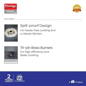 Prestige Magic Plus 2 Burner Gas Stove GTMP-02 | Toughened Glass Top, Spill-Proof, Tri-Pin Brass Burners - Image 4