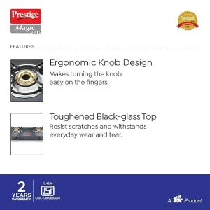 Prestige Magic Plus 2 Burner Gas Stove GTMP-02 | Toughened Glass Top, Spill-Proof, Tri-Pin Brass Burners - Image 5