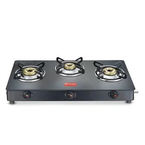 Prestige Magic Plus 3 Burner Gas Stove GTMP-03 | Toughened Glass Top, Spill-Proof, Tri-Pin Brass Burners