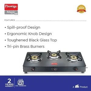 Prestige Magic Plus 3 Burner Gas Stove GTMP-03 | Toughened Glass Top, Spill-Proof, Tri-Pin Brass Burners - Image 3